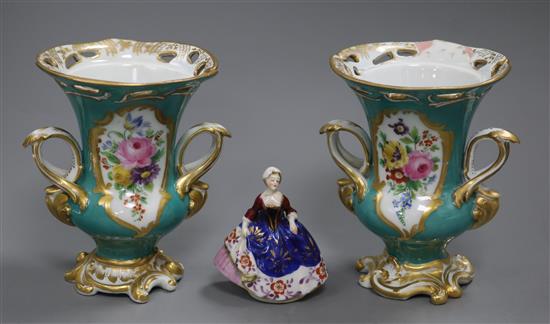 A pair of floral vases and a miniature figurine 13cm high